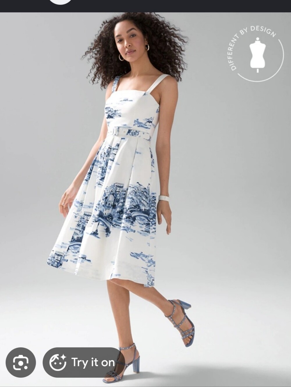 White House Black Market White and Blue Toile Midi Dress